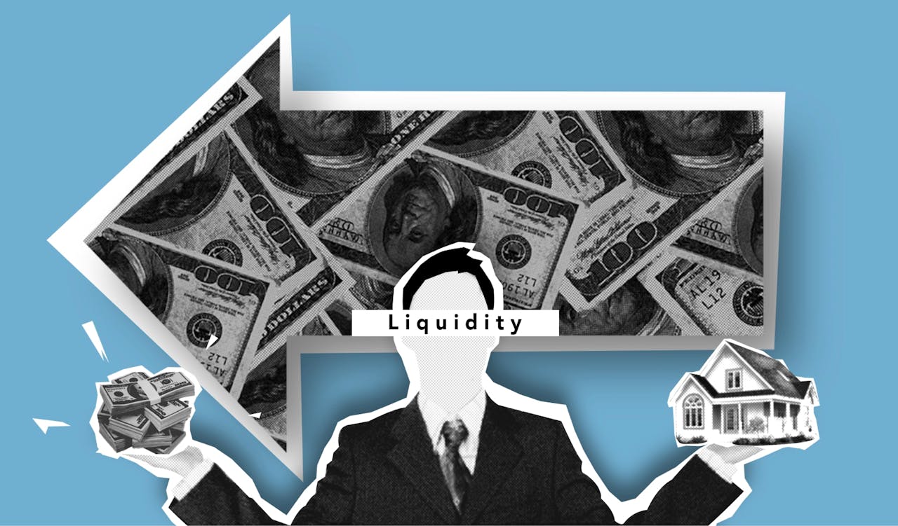 A conceptual graphic depicting liquidity, featuring a silhouette of a suited individual holding a stack of cash in one hand and a house in the other. The background includes a large arrow filled with images of U.S. $100 bills, symbolizing financial assets and liquidity flow.