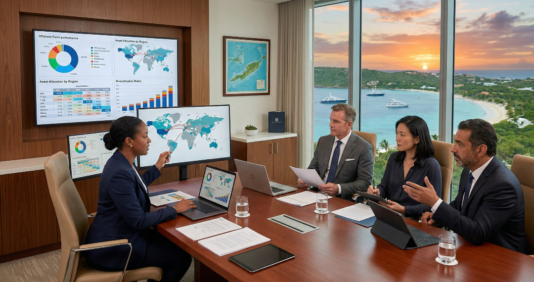 Asset Management Offshore consultation with international investors reviewing global wealth strategy and offshore portfolio diversification at First Anguilla Trust Company Limited