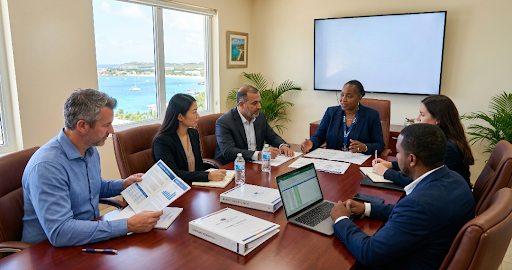 Anguilla Company Incorporation consultation with global entrepreneurs reviewing offshore company structures at First Anguilla Trust Company Limited.