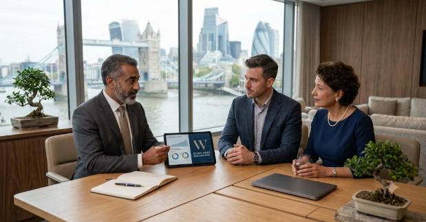 Wealth Management Offshore Financial advisor discussing Wealth Management Offshore strategies with international investors planning long-term asset growth