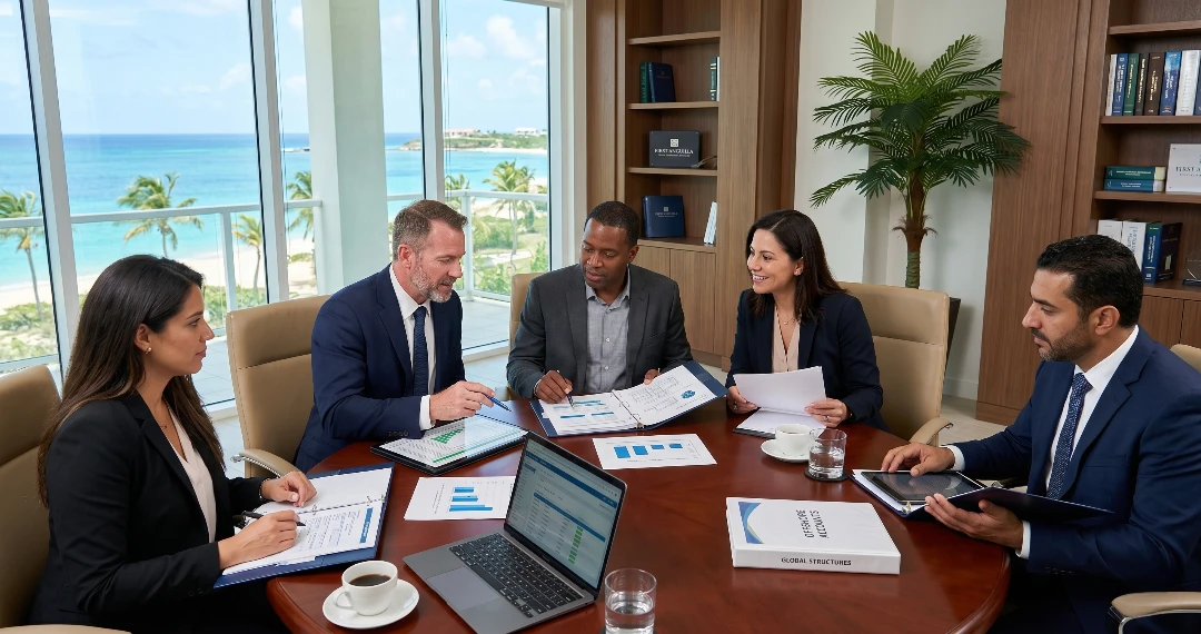 3000b851-37ba-4a2f-9dd9-4dfdb753efee Business Offshore Banking consultation with global entrepreneurs reviewing offshore accounts and international banking structures at First Anguilla Trust Company Limited.